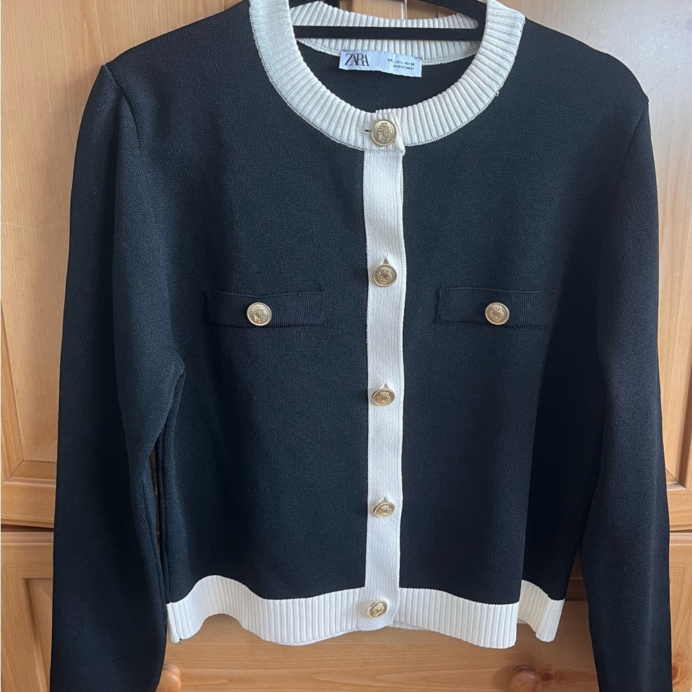 Zara Black and White Cardigan with Gold Buttons